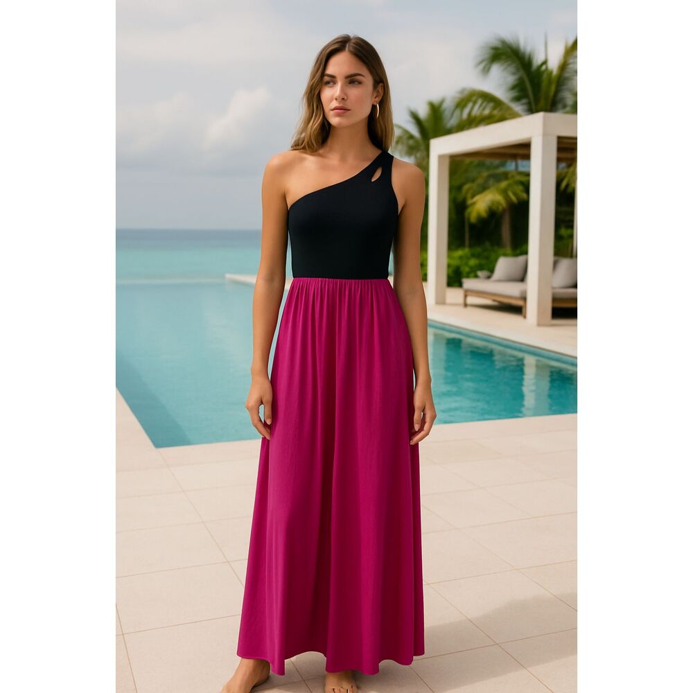 Michelle Mason One Shoulder Colorblock Silk Dress in Hot Fuchsia Pink and Black